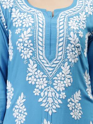 hand embroidered firozi blue rayon lucknowi chikan kurta 4