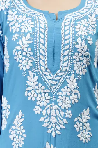 hand embroidered firozi blue rayon lucknowi chikan kurta