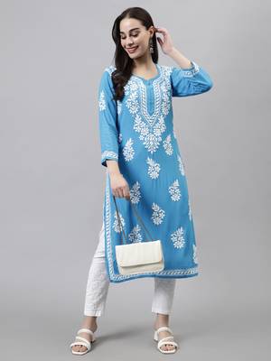 hand embroidered firozi blue rayon lucknowi chikan kurta 5