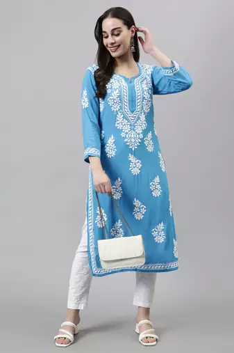 hand embroidered firozi blue rayon lucknowi chikan kurta
