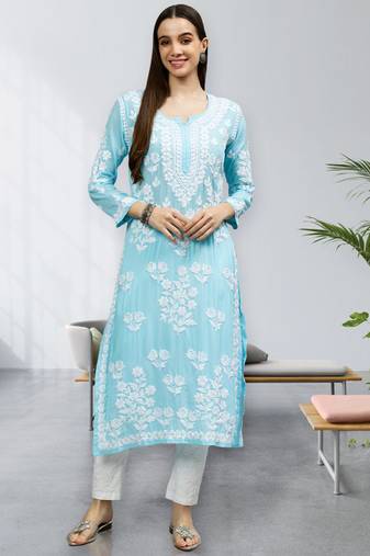 Seva chikan hand embroidered blue modal lucknowi chikan kurta