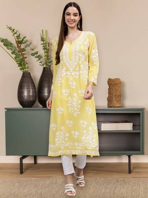 hand embroidered yellow modal lucknowi chikan kurta 1