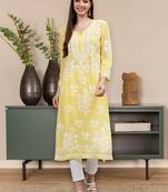 hand embroidered yellow modal lucknowi chikan kurta