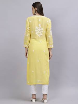 hand embroidered yellow modal lucknowi chikan kurta 2