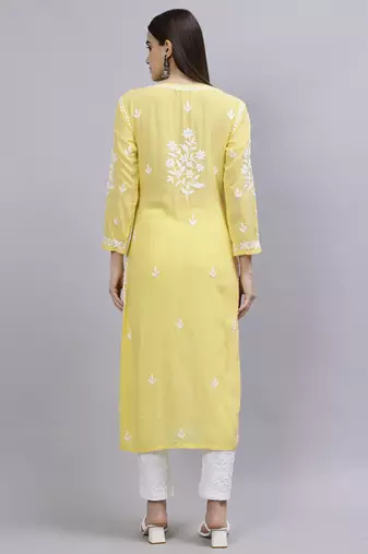 hand embroidered yellow modal lucknowi chikan kurta