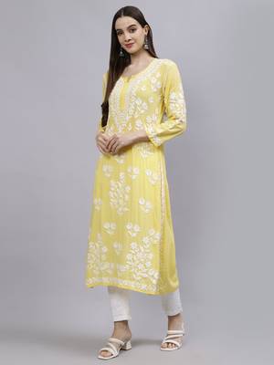 hand embroidered yellow modal lucknowi chikan kurta 3