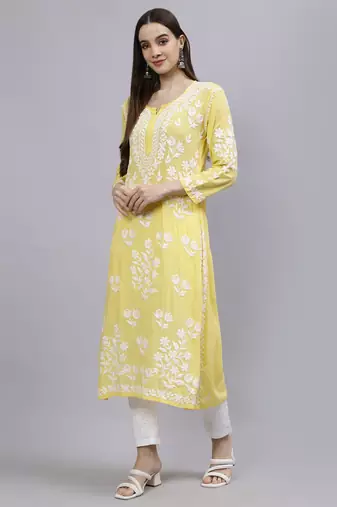 hand embroidered yellow modal lucknowi chikan kurta
