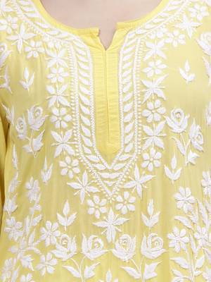 hand embroidered yellow modal lucknowi chikan kurta 4