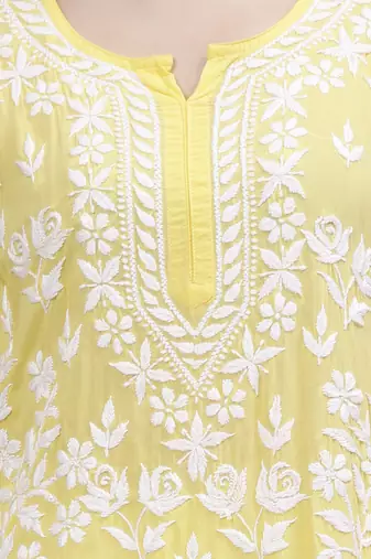 hand embroidered yellow modal lucknowi chikan kurta