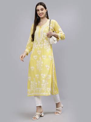 hand embroidered yellow modal lucknowi chikan kurta 5