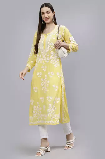 hand embroidered yellow modal lucknowi chikan kurta