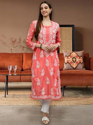 hand embroidered peach muslin lucknowi chikan kurta 1