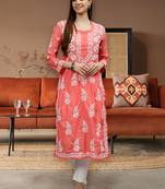 hand embroidered peach muslin lucknowi chikan kurta