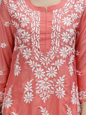 hand embroidered peach muslin lucknowi chikan kurta 4