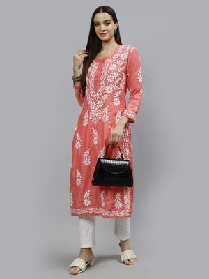 hand embroidered peach muslin lucknowi chikan kurta 5