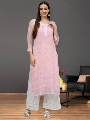 hand embroidered pink georgette lucknowi chikan kurta with slip 1