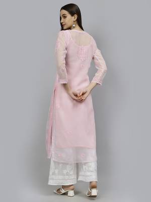 hand embroidered pink georgette lucknowi chikan kurta with slip 2