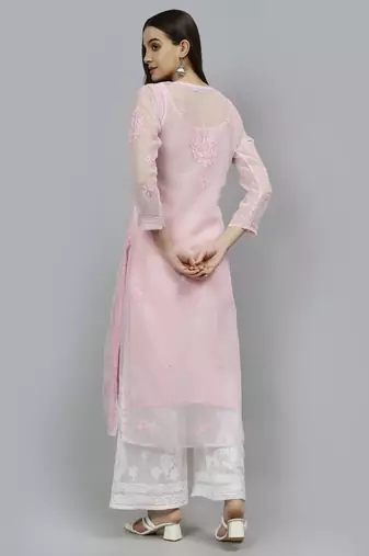 hand embroidered pink georgette lucknowi chikan kurta with slip