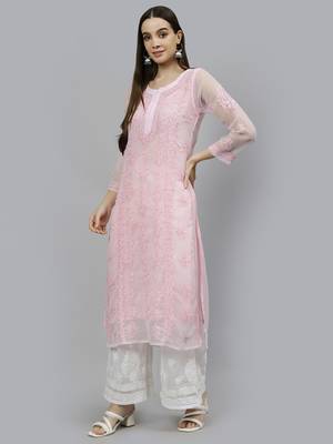 hand embroidered pink georgette lucknowi chikan kurta with slip 3