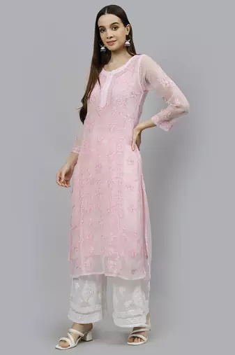 hand embroidered pink georgette lucknowi chikan kurta with slip
