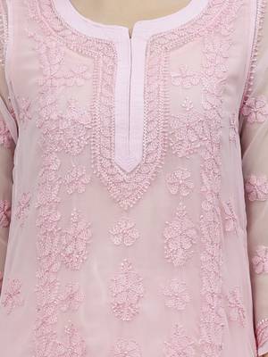hand embroidered pink georgette lucknowi chikan kurta with slip 4