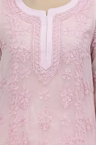 hand embroidered pink georgette lucknowi chikan kurta with slip
