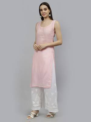 hand embroidered pink georgette lucknowi chikan kurta with slip 5