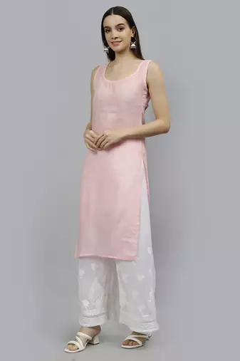 hand embroidered pink georgette lucknowi chikan kurta with slip