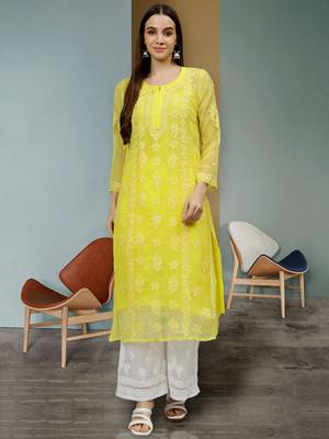hand embroidered yellow georgette lucknowi chikan kurta with slip 1