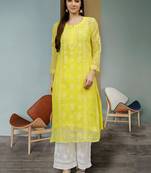 hand embroidered yellow georgette lucknowi chikan kurta with slip