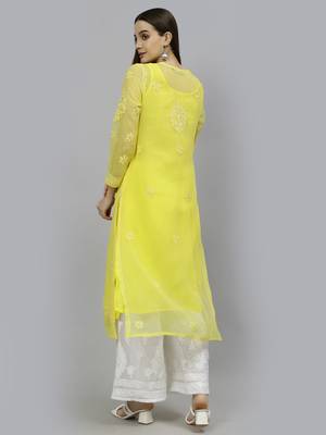 hand embroidered yellow georgette lucknowi chikan kurta with slip 2