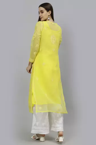 hand embroidered yellow georgette lucknowi chikan kurta with slip