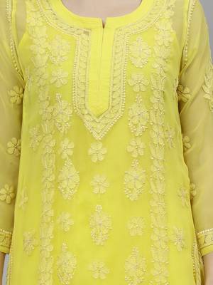 hand embroidered yellow georgette lucknowi chikan kurta with slip 3