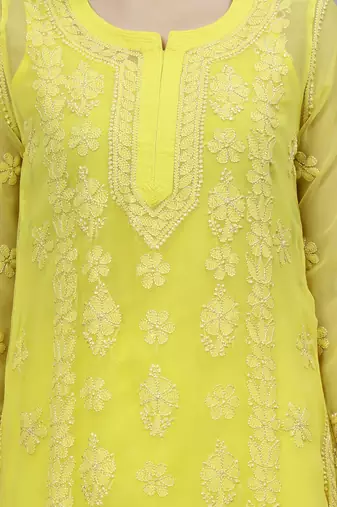 hand embroidered yellow georgette lucknowi chikan kurta with slip