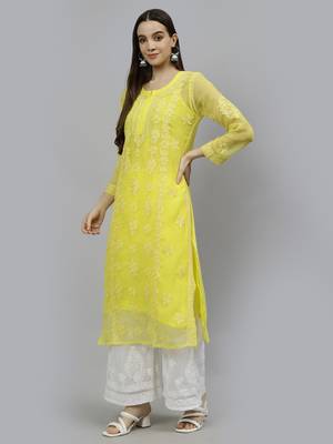 hand embroidered yellow georgette lucknowi chikan kurta with slip 4