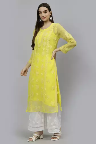 hand embroidered yellow georgette lucknowi chikan kurta with slip