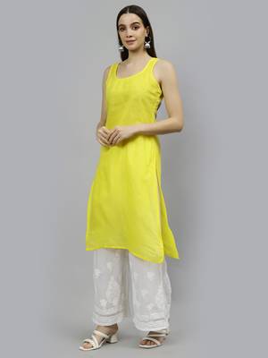 hand embroidered yellow georgette lucknowi chikan kurta with slip 5
