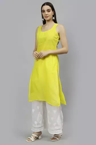 hand embroidered yellow georgette lucknowi chikan kurta with slip
