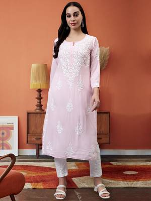 hand embroidered pink modal lucknowi chikan kurta 1