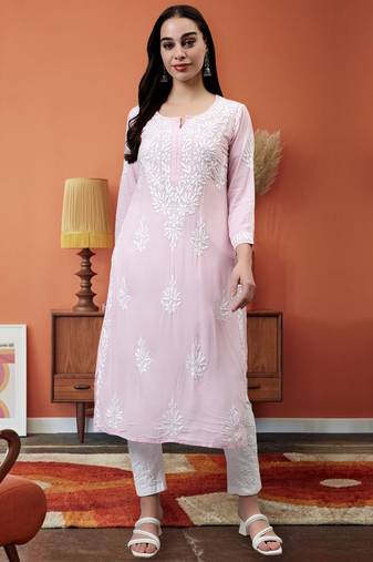 hand embroidered pink modal lucknowi chikan kurta
