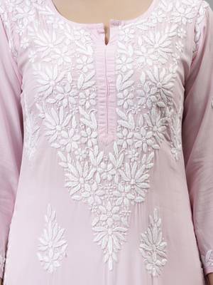 hand embroidered pink modal lucknowi chikan kurta 2