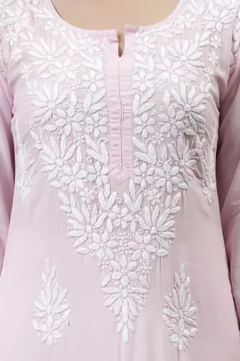 hand embroidered pink modal lucknowi chikan kurta
