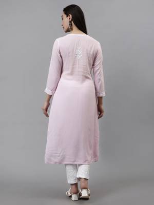 hand embroidered pink modal lucknowi chikan kurta 3