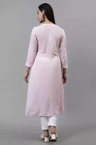 hand embroidered pink modal lucknowi chikan kurta