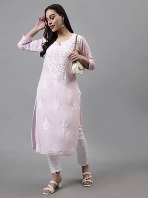 hand embroidered pink modal lucknowi chikan kurta 4