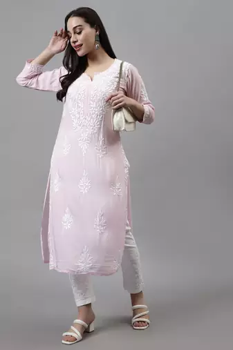 hand embroidered pink modal lucknowi chikan kurta