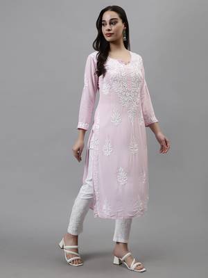 hand embroidered pink modal lucknowi chikan kurta 5