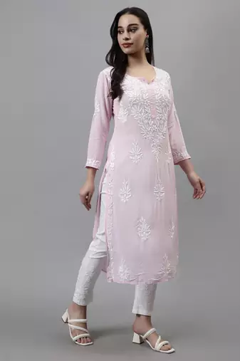 hand embroidered pink modal lucknowi chikan kurta