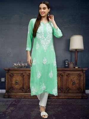 hand embroidered sea green modal lucknowi chikan kurta 1