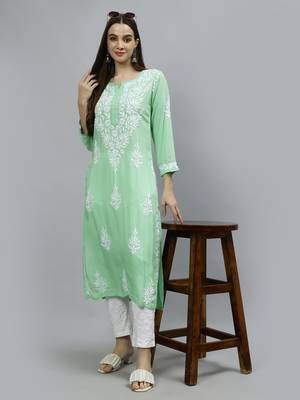 hand embroidered sea green modal lucknowi chikan kurta 2